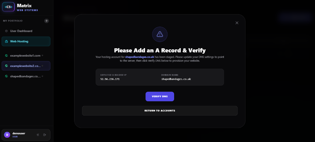 Please Add an A Record and Verify Modal