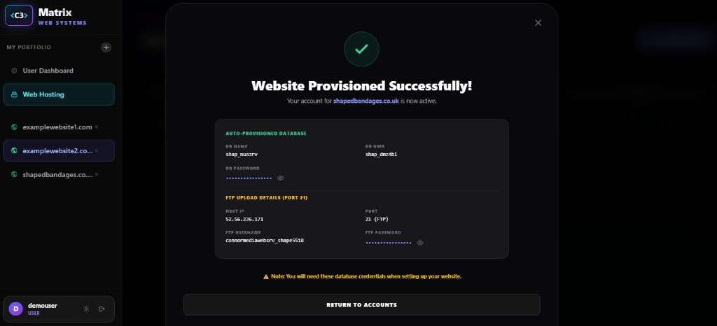 Website Provisioned Successfully Credentials Modal