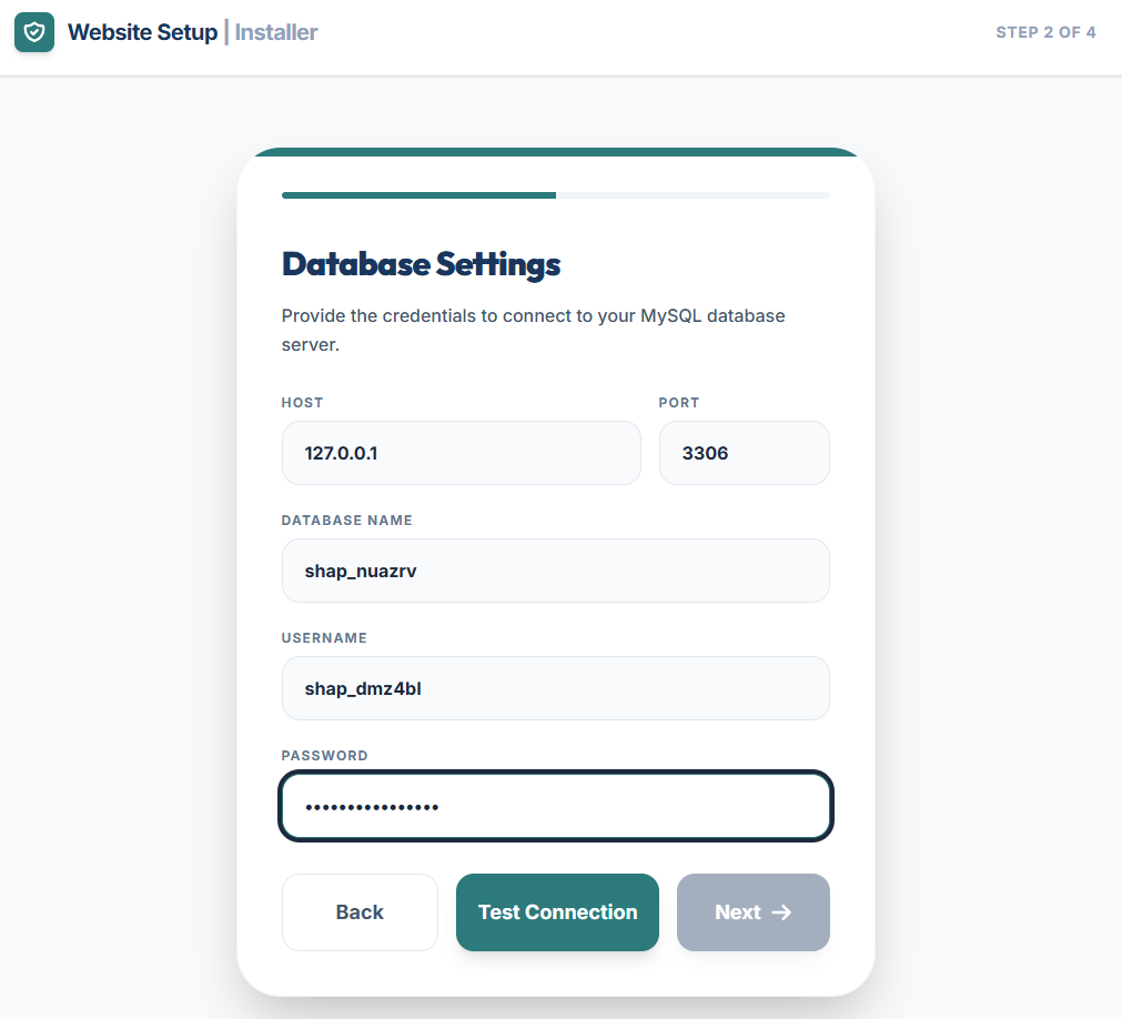 Website Setup Installer Database Settings