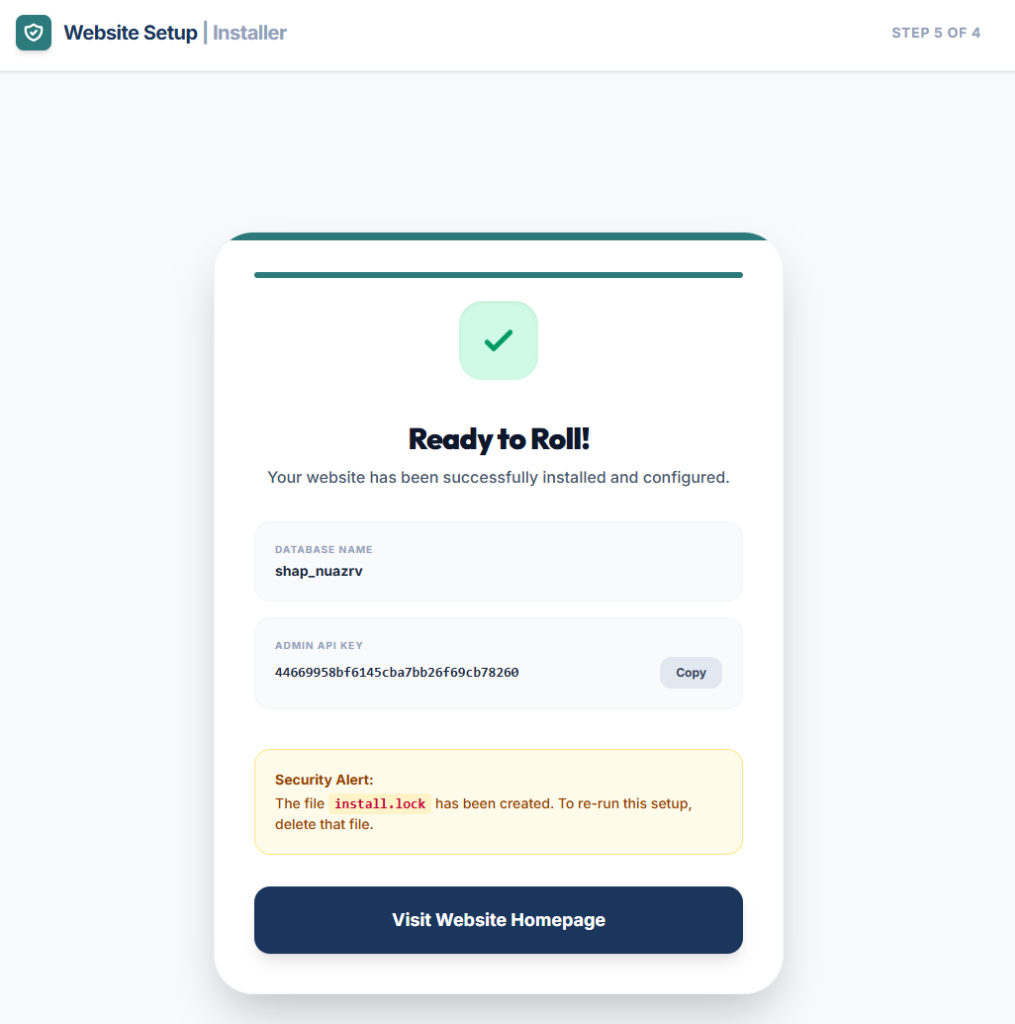 Website Setup Installer Ready to Roll Confirmation Modal