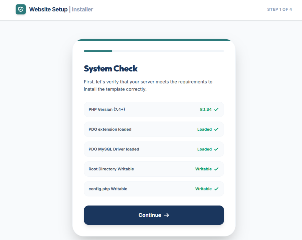 Website Setup Installer System Check